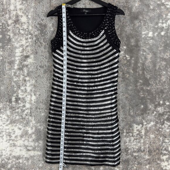 Heaven Sz 8 Beaded Sleeveless Stripes Sheath Knee Length Dress Black Silver Mesh - Picture 3 of 11